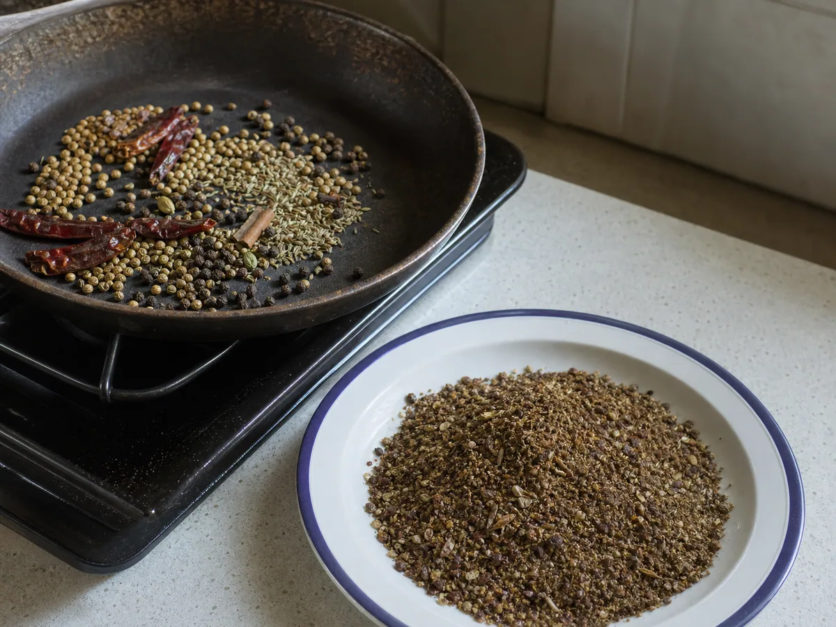 Mezcla gruesa de especias chettinad tostadas con pimienta en un mortero, junto a una sartén seca