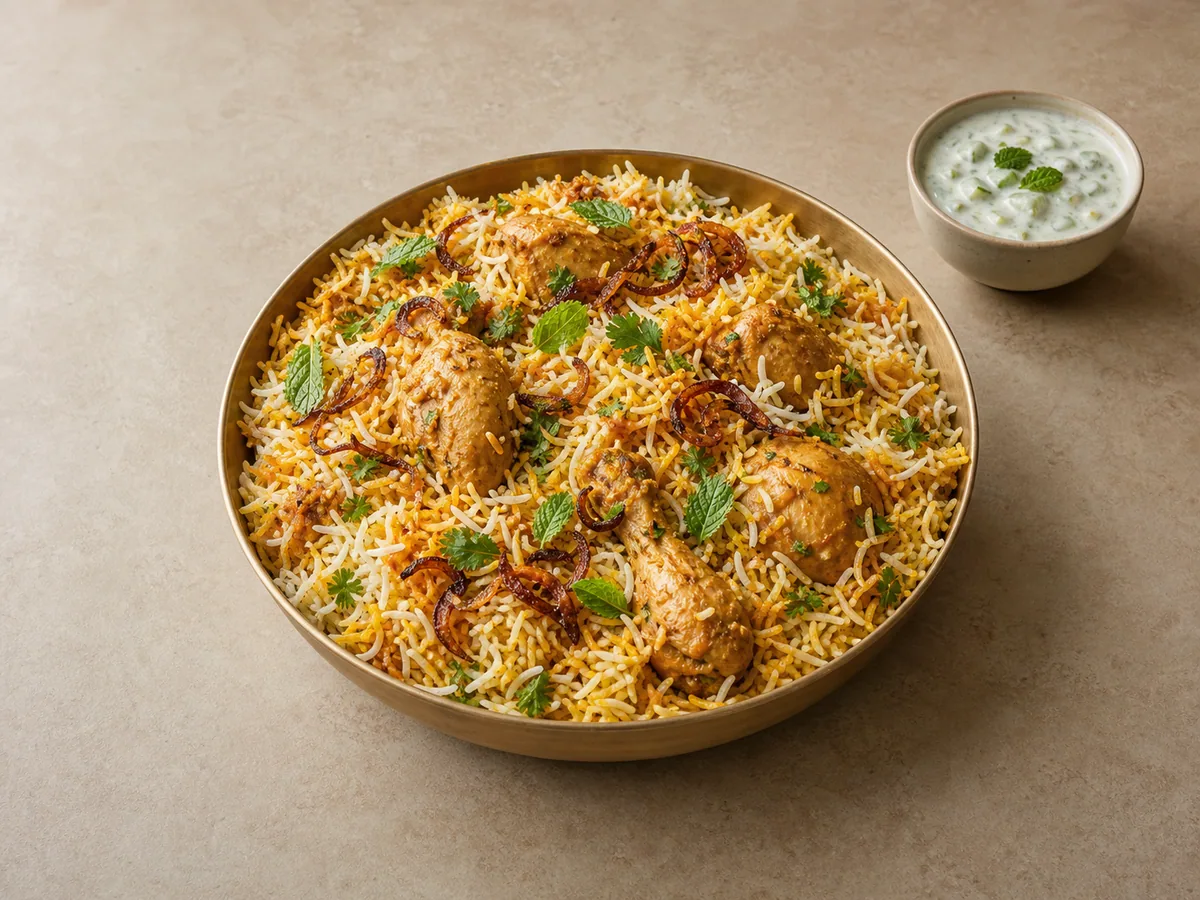 Biryani indiano de frango com arroz de açafrão, ervas e cebolas douradas em uma travessa larga