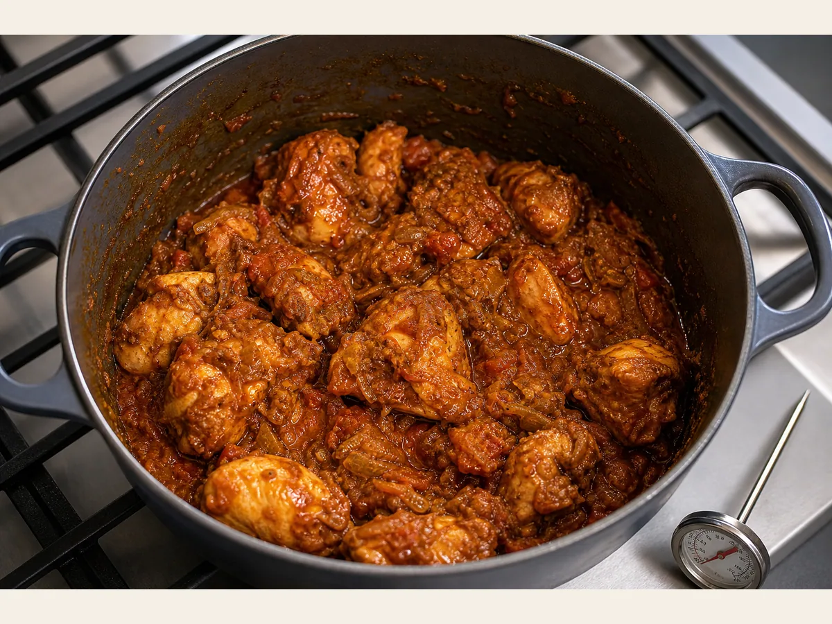 Pedaços de frango cozidos envoltos em masala espesso de tomate e cebola