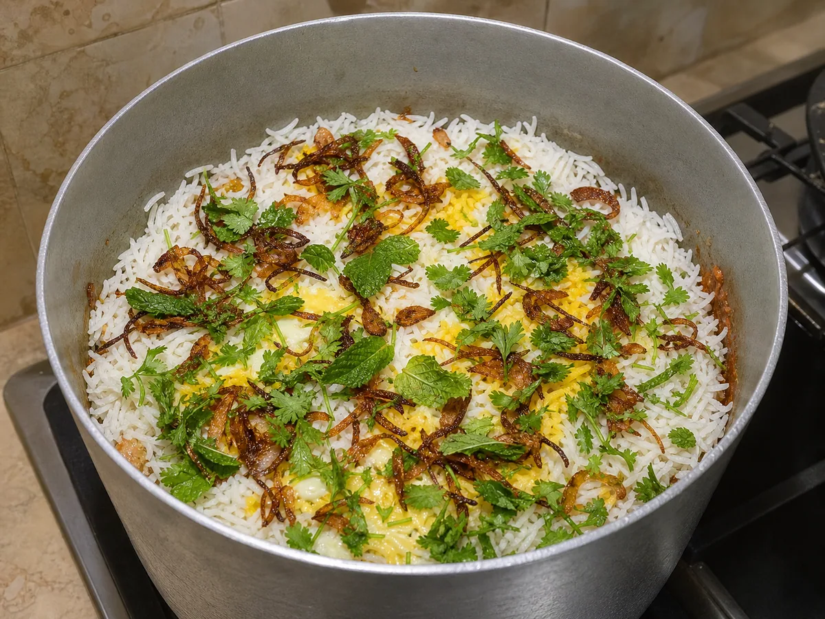 Arroz de açafrão em camadas sobre masala de frango, com ervas e cebolas