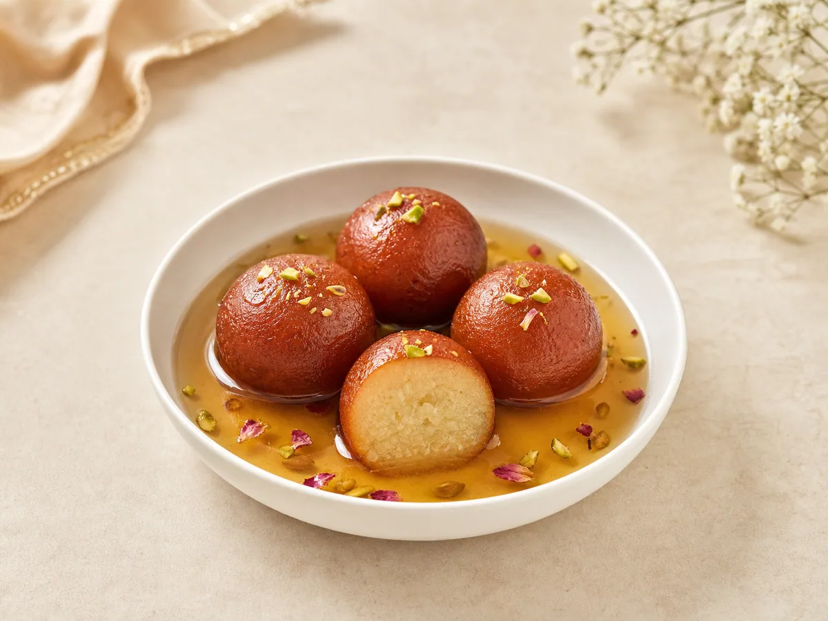 Gulab jamun em calda de cardamomo e água de rosas com pistaches picados