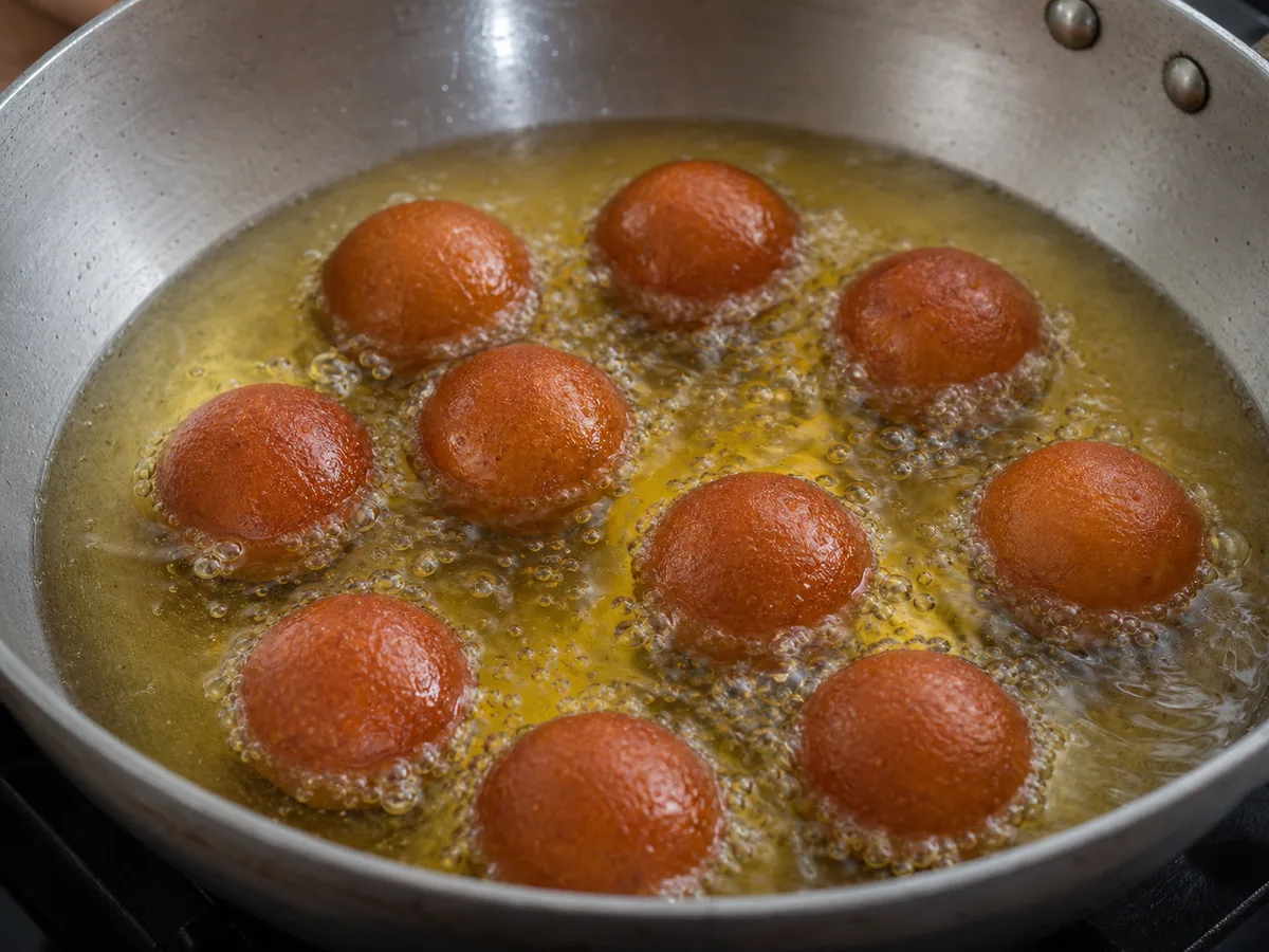 Gulab jamuns dorados friéndose separados en una cacerola profunda