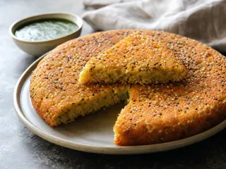 Golden Gujarati handvo wedges with sesame seeds and green chutney