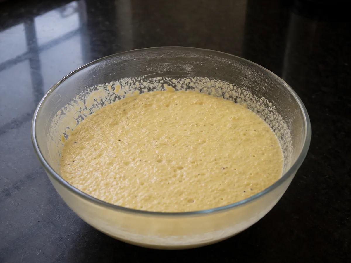 Massa de handvo fermentada e levemente crescida, com pequenas bolhas na superfície