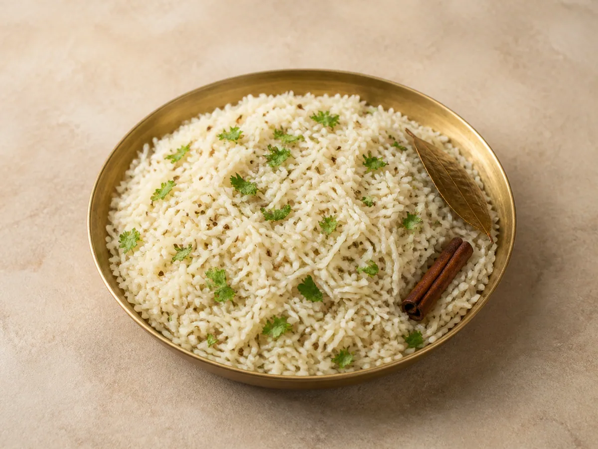 Tigela de arroz jeera indiano soltinho com sementes de cominho tostadas e coentro