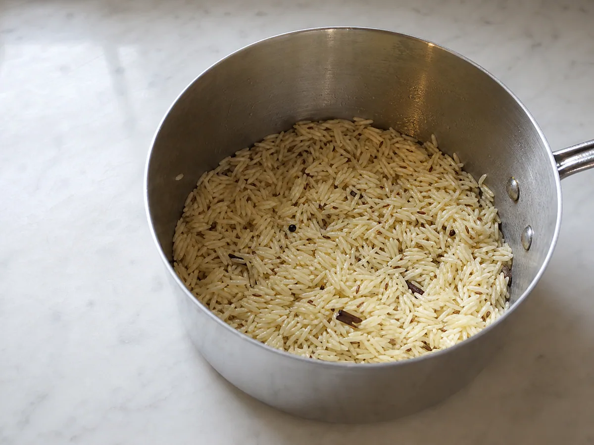 Arroz basmati escurrido cubierto de ghee, comino y especias enteras para arroz jeera indio