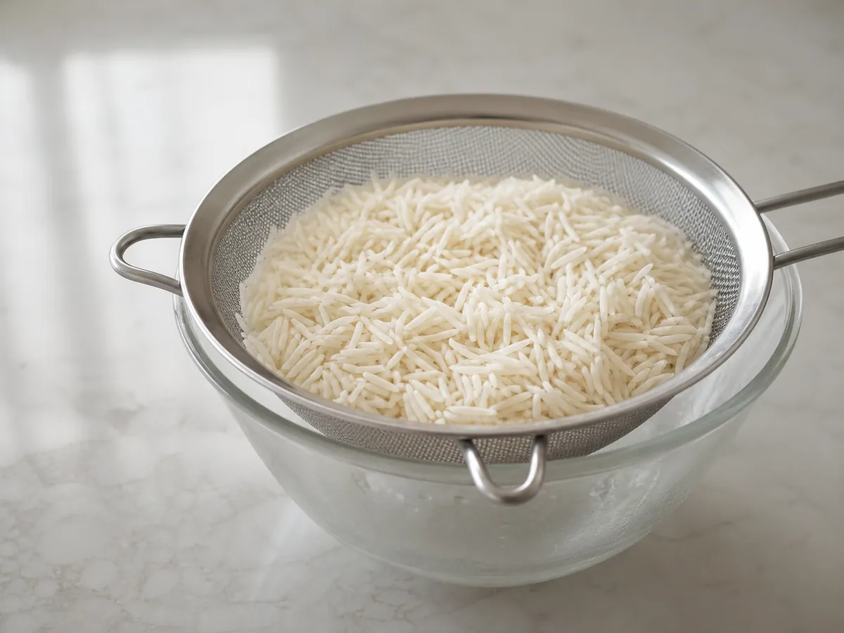 Arroz basmati remojado escurriendo en un colador de malla fina para arroz jeera indio