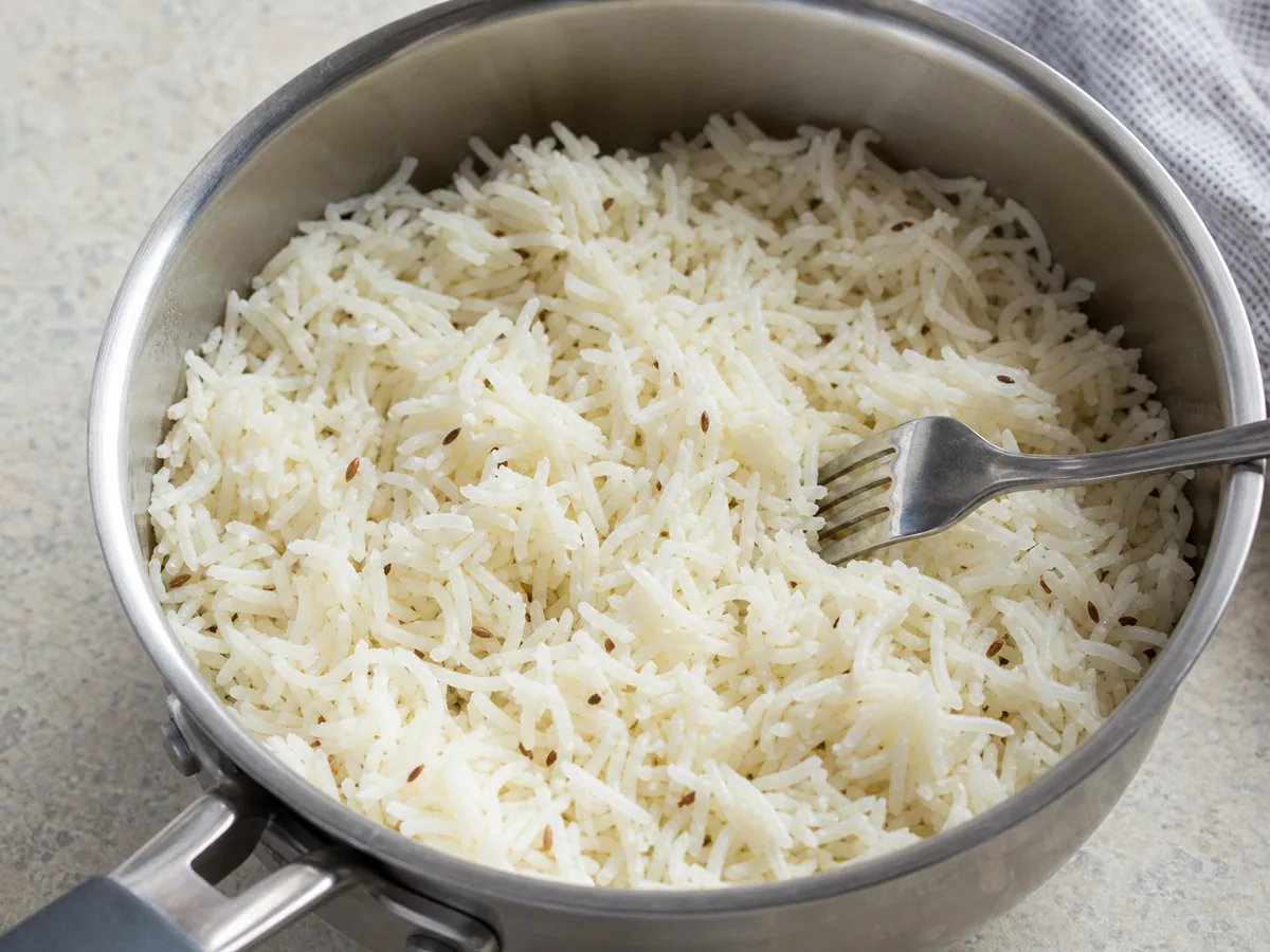 Arroz jeera soltinho depois do descanso, com as especiarias inteiras removidas