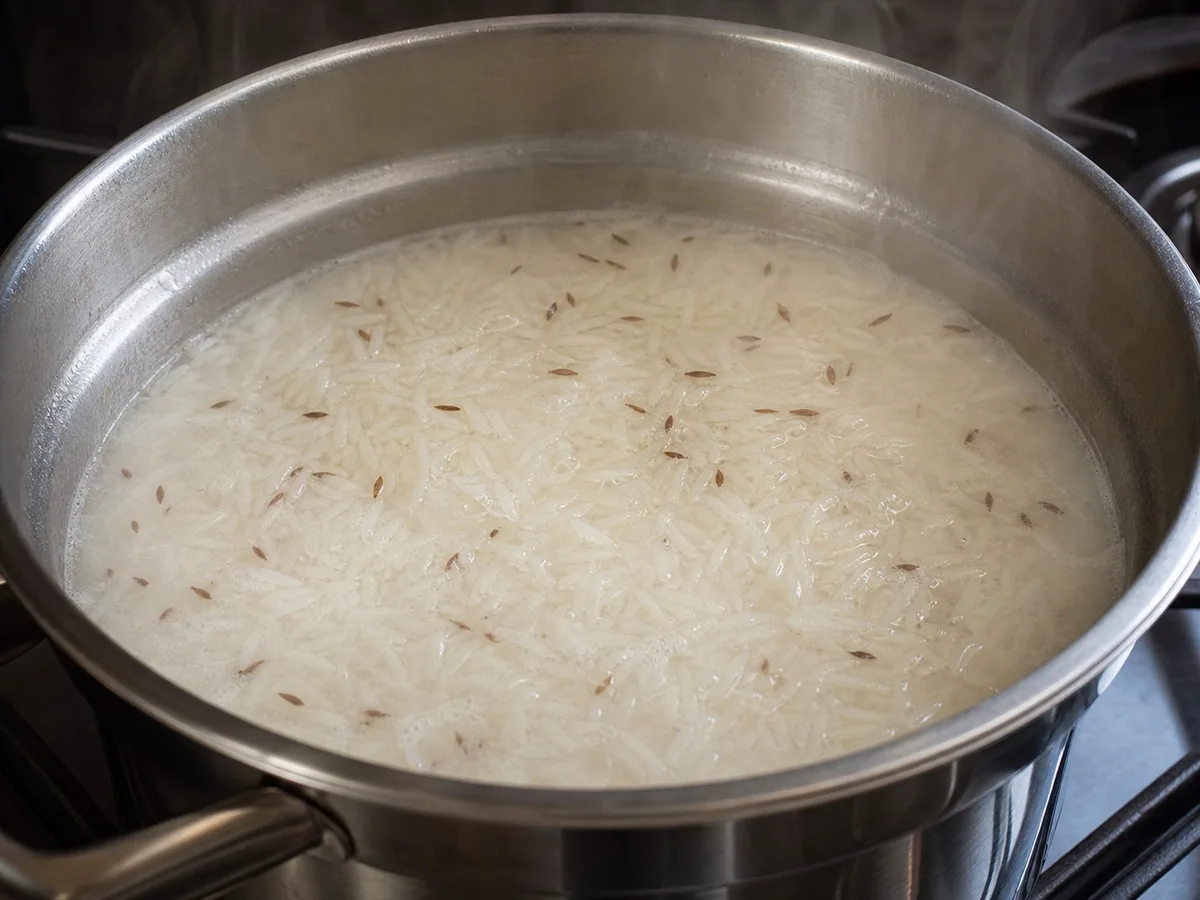 Panela tampada cozinhando arroz jeera no vapor até a água ser absorvida