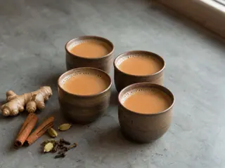 Cuatro tazas pequeñas de té masala indio con especias enteras alrededor