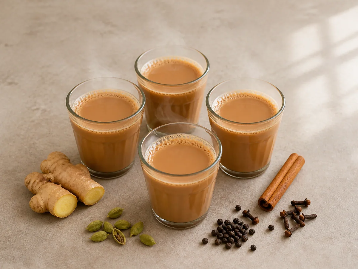 Quatro pequenas xícaras de chá masala indiano com especiarias inteiras ao lado
