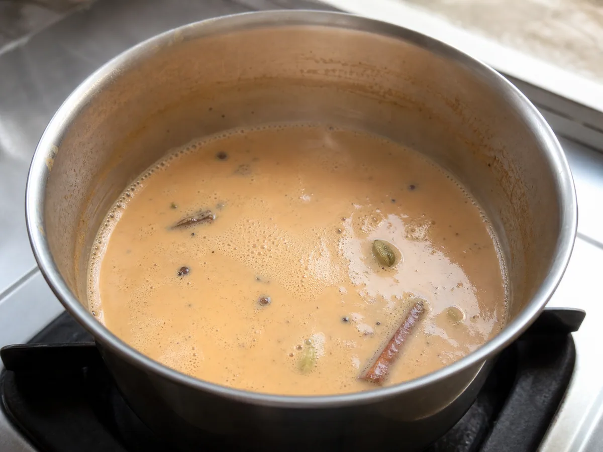 Chai masala color caramelo formando espuma sin rebasar el borde de la cacerola