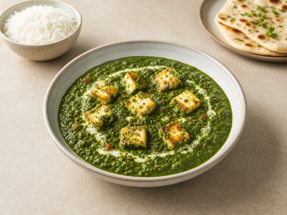 Bowl of palak paneer with golden paneer cubes in a vivid spinach sauce