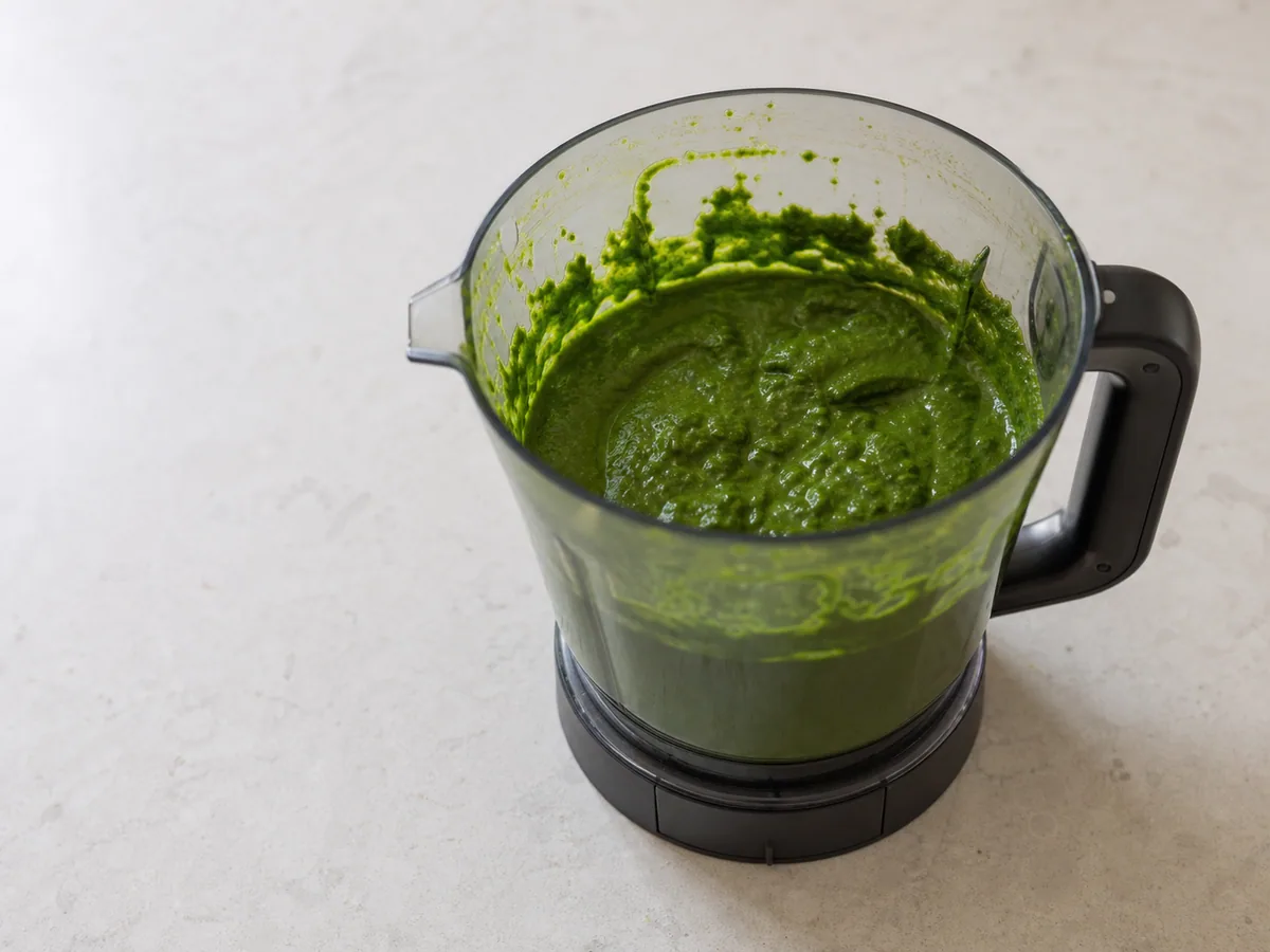 Puré espeso de espinaca con pequeños puntos verdes en el vaso de una licuadora
