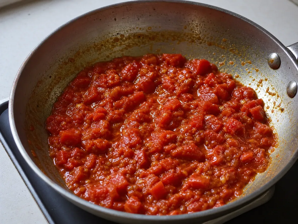 Masala espesa de cebolla y tomate con un poco de grasa asomeo en los bordes de la sartén