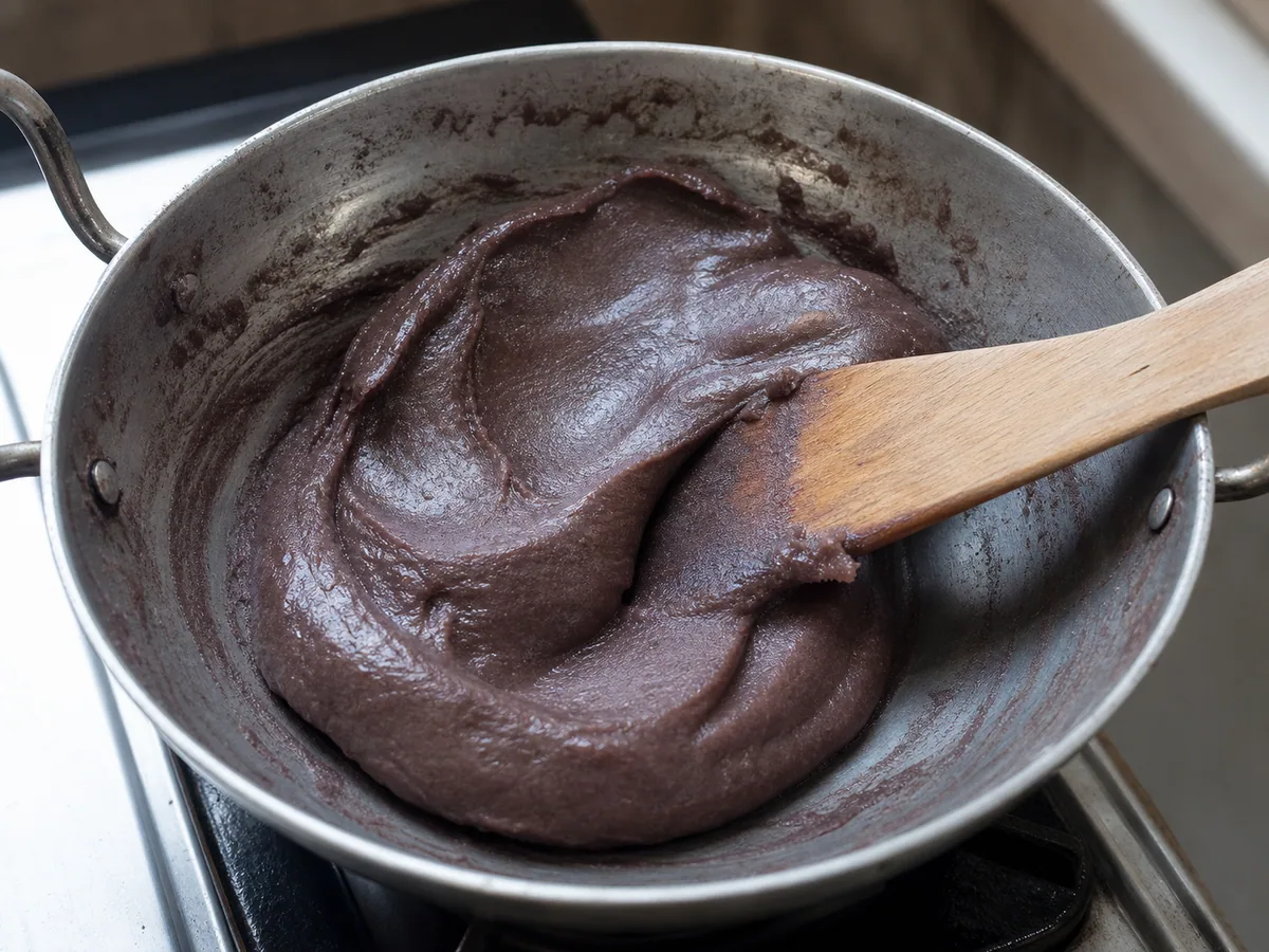 Smooth ragi mudde dough pulling away from a heavy saucepan