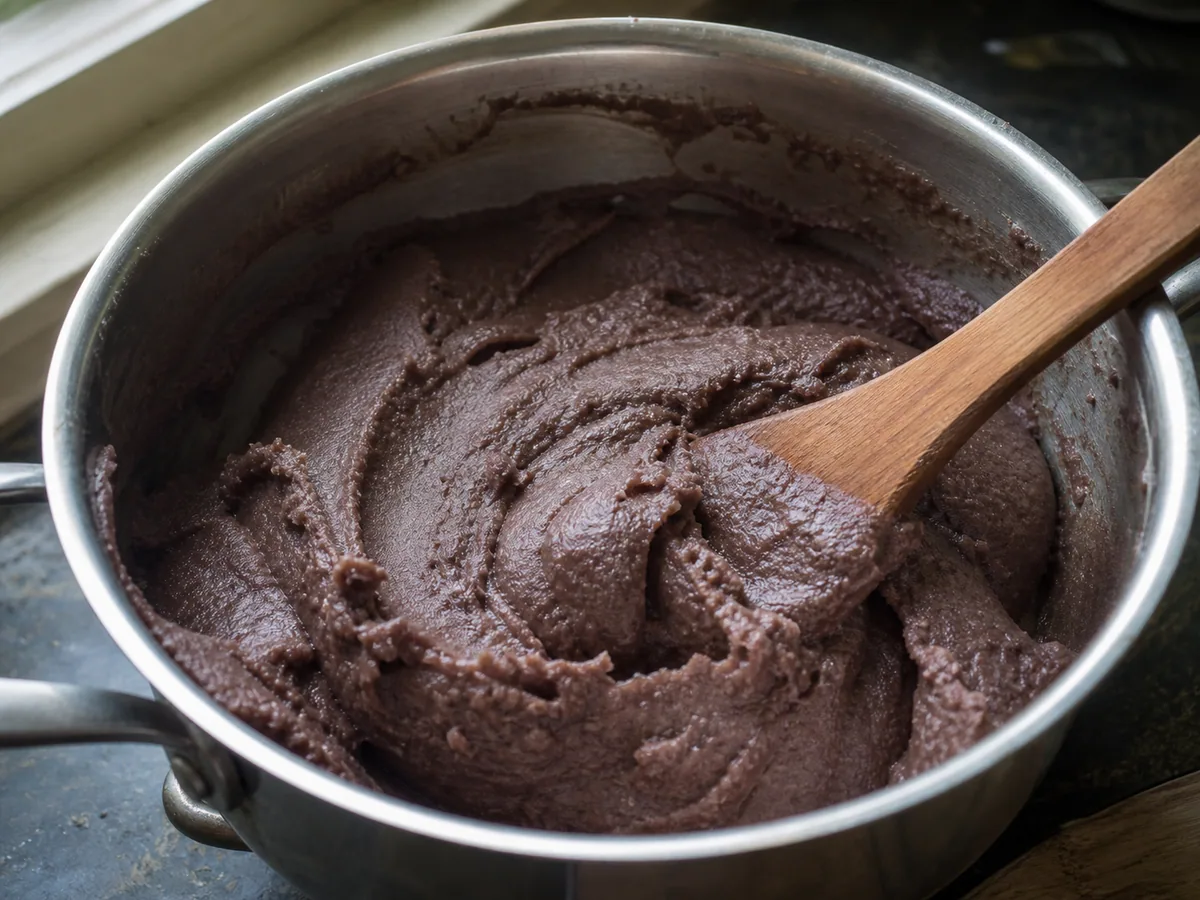 Finger millet flour thickening in boiling water before switching from a whisk to a wooden spatula