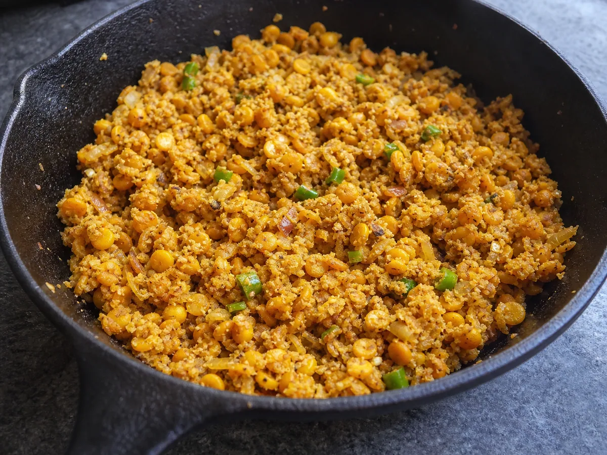 Masala de chana dal parcialmente machacado, con granos enteros visibles