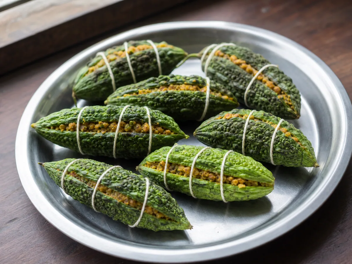 Melones amargos rellenos de masala de chana dal y atados antes de cocinar