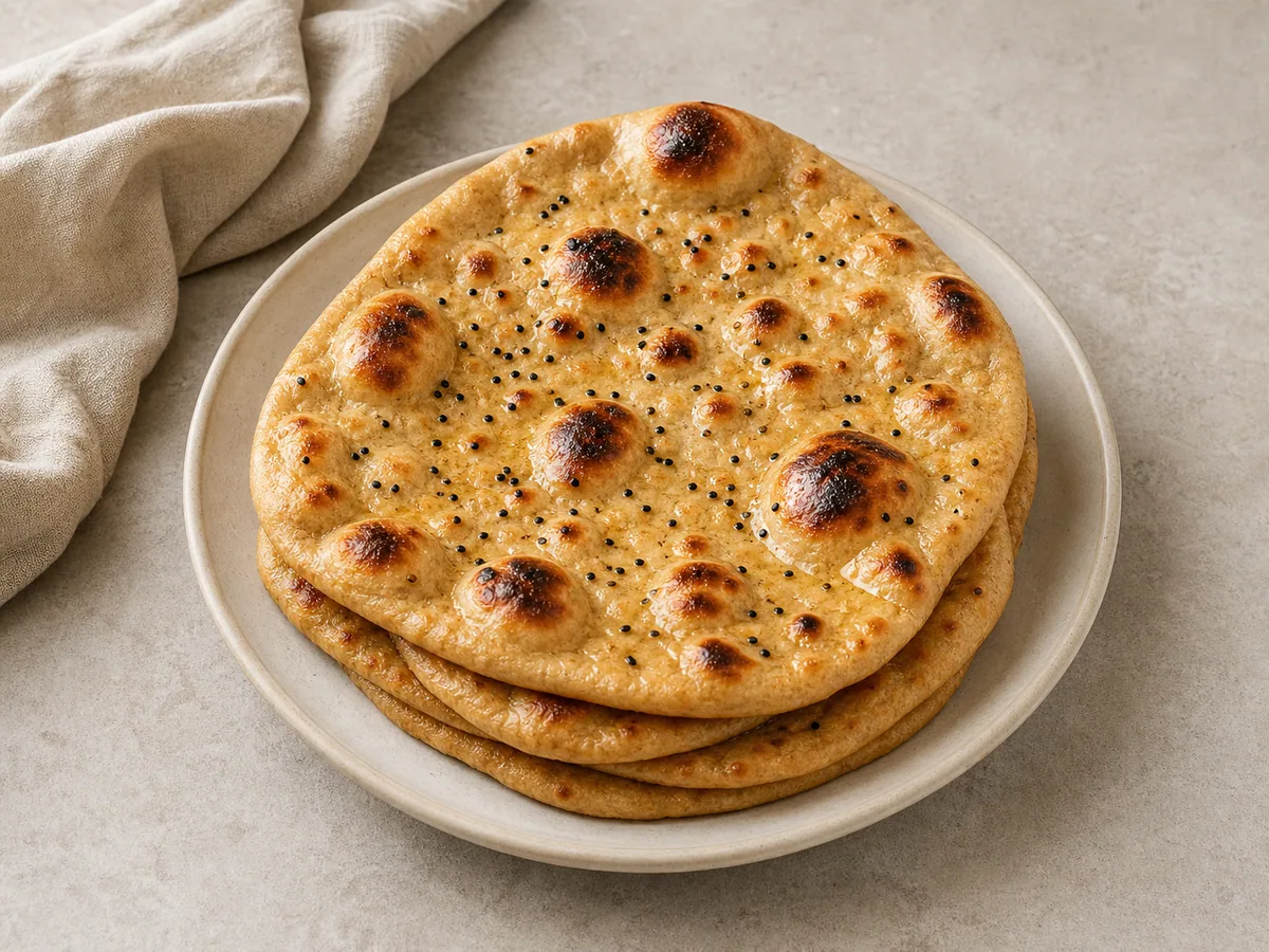 Pila de naan de trigo integral con ampollas doradas y un ligero brillo de mantequilla