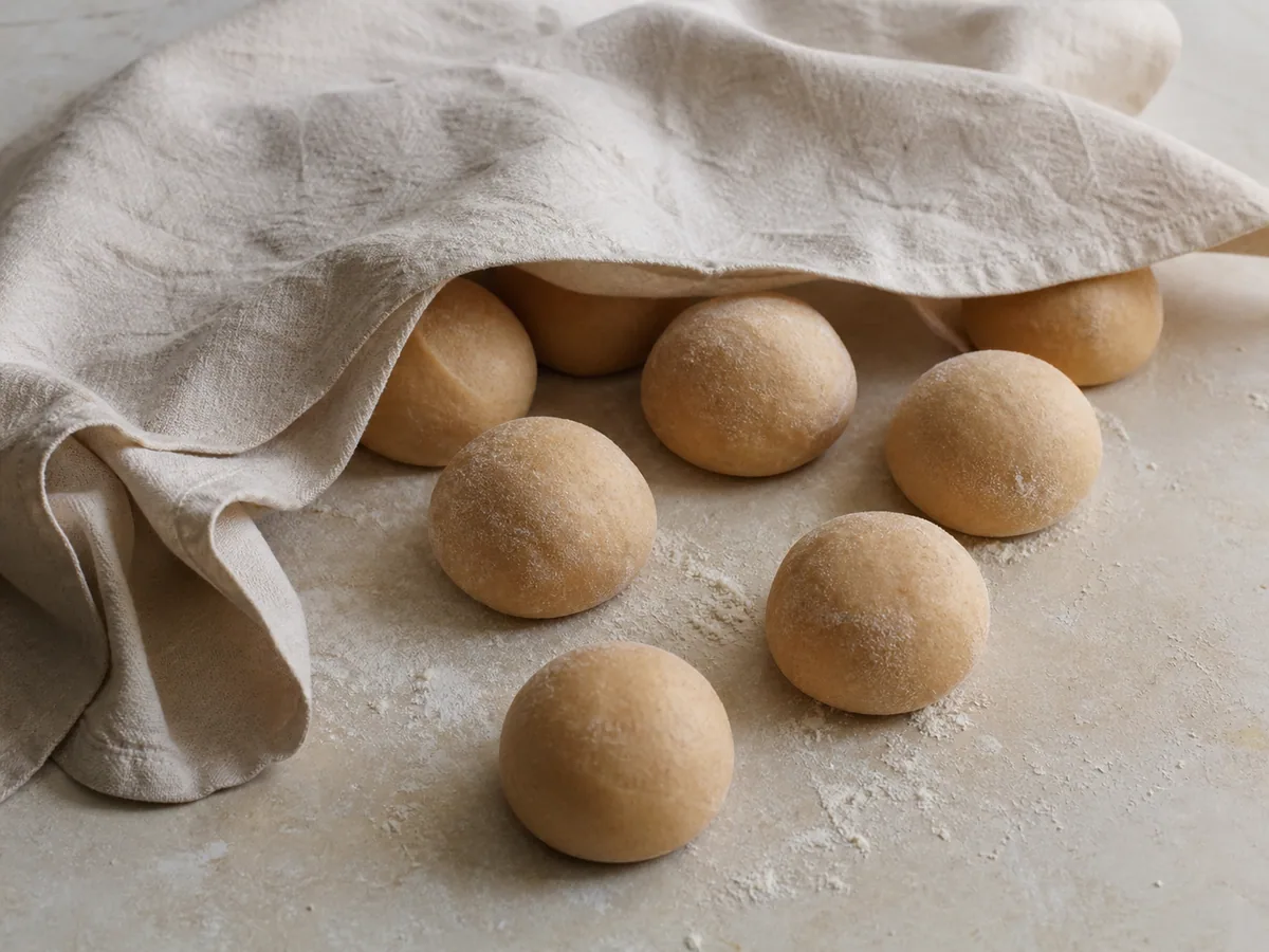 Oito porções arredondadas de massa de naan de trigo integral descanseo sob um pano