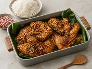Balinese ayam betutu chicken pieces roasted with golden-red spices on banana leaves