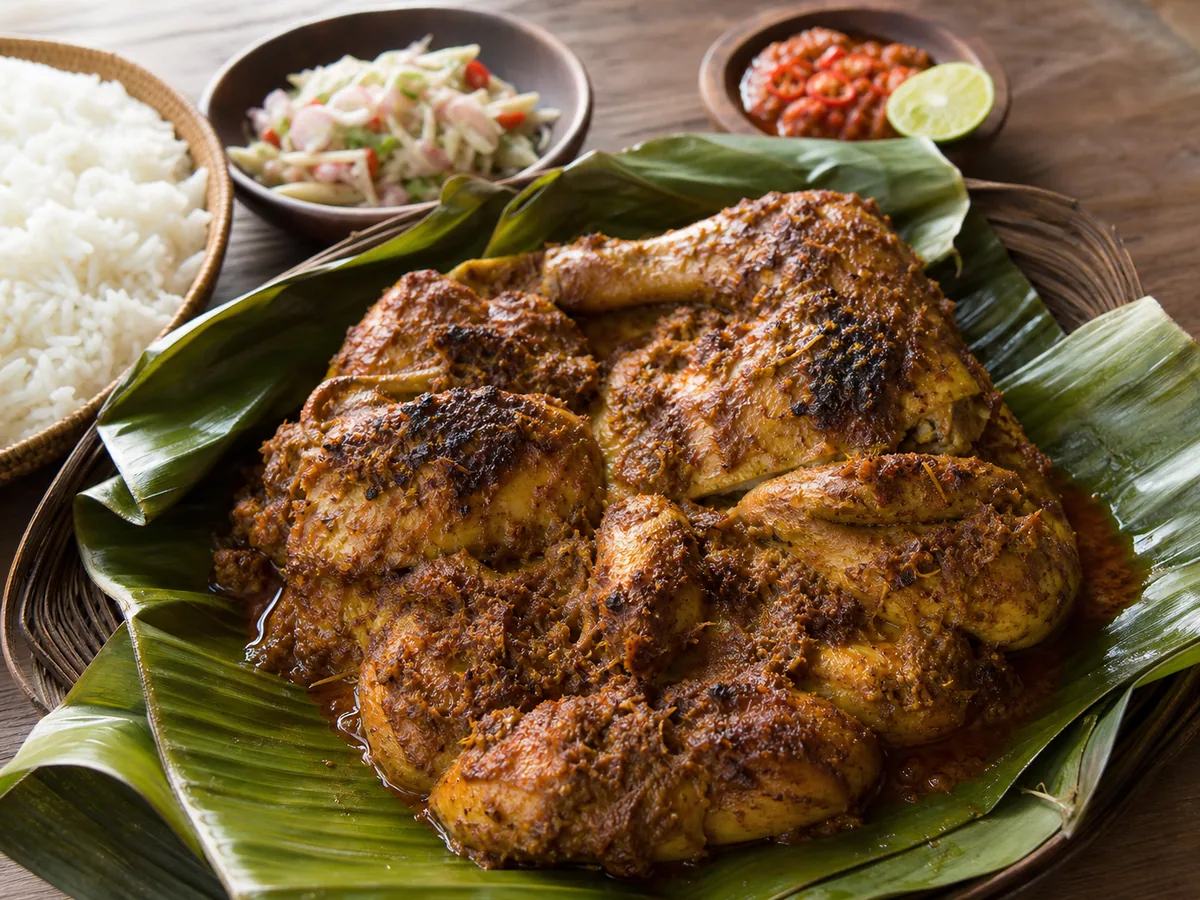 Pedaços de frango ayam betutu balinês assados com especiarias douradas e avermelhadas sobre folhas de bananeira