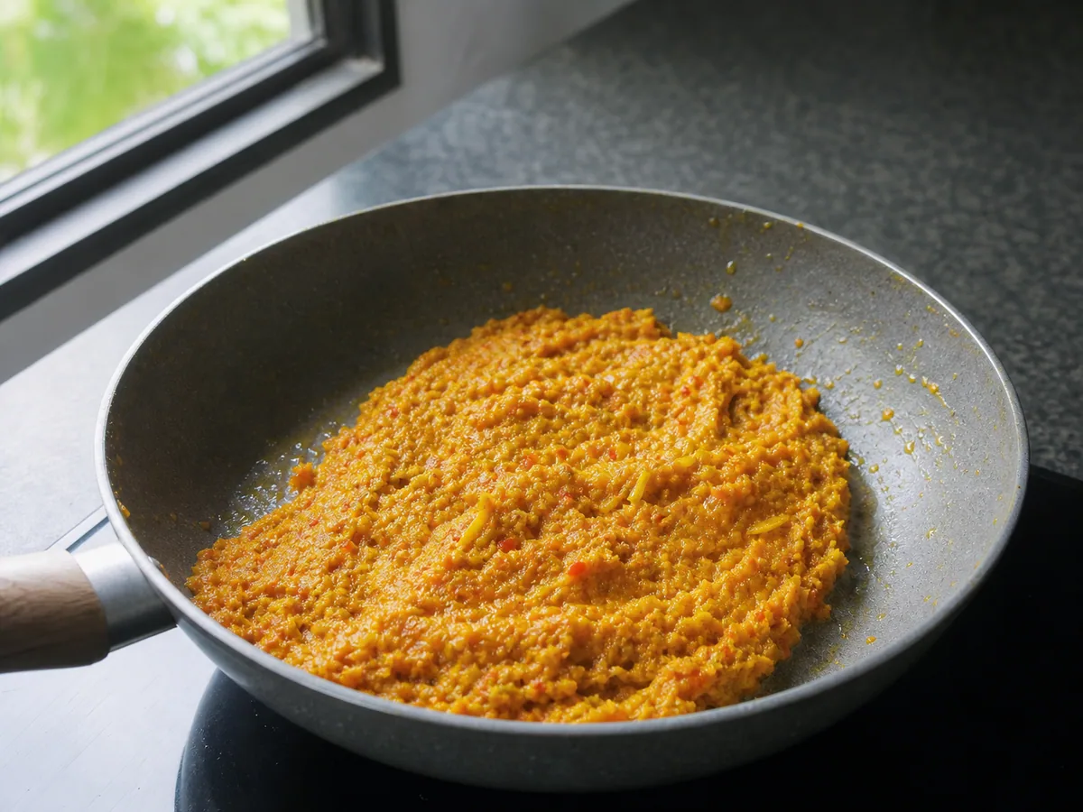 Pasta cocida de especias para ayam betutu, naranja dorada y espesa en una sartén