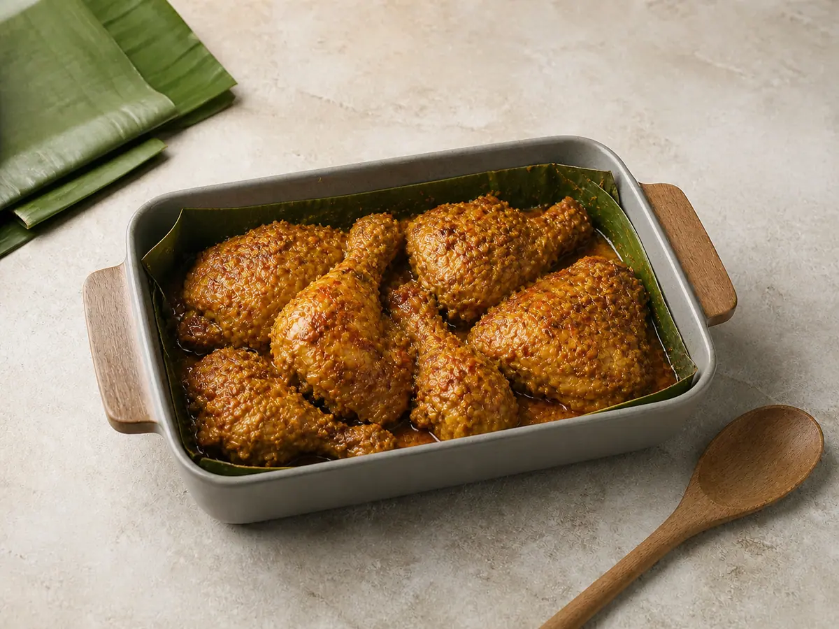 Bronzed ayam betutu chicken resting in a banana-leaf-lined dish before serving