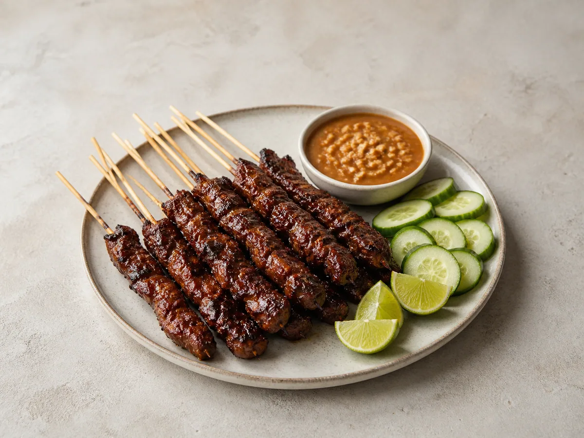 Espetinhos de satê indonésio de carne com molho de amendoim e pepino