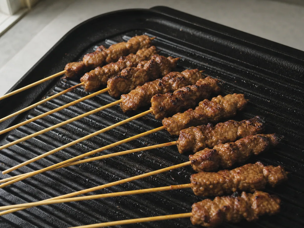 Brochetas de satay de res caramelizadas y completamente cocidas en una parrilla caliente