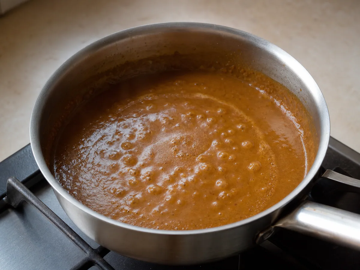 Salsa de cacahuate brillante y con textura gruesa cubriendo una cuchara en una cacerola pequeña