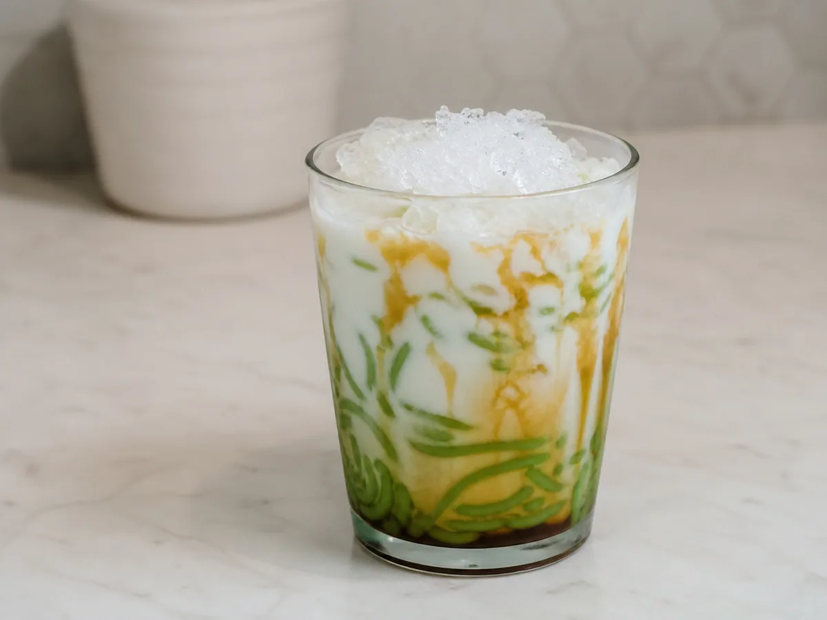 Vaso de cendol parcialmente montado, con gelatina verde, hielo, leche de coco y cintas de azúcar de palma antes de revolver