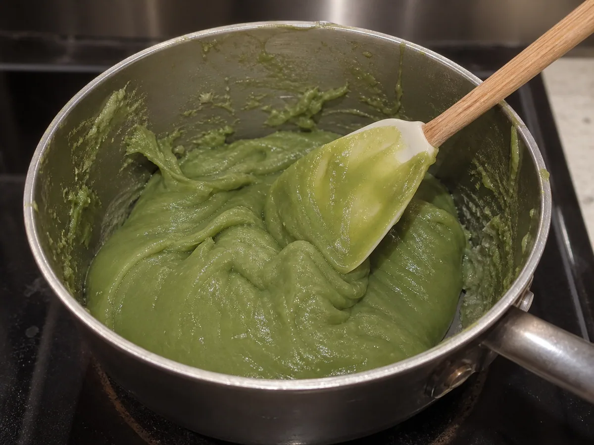 Masa verde de cendol espesa y brillante, con pliegues pesados que dejan ver el fondo de la cacerola