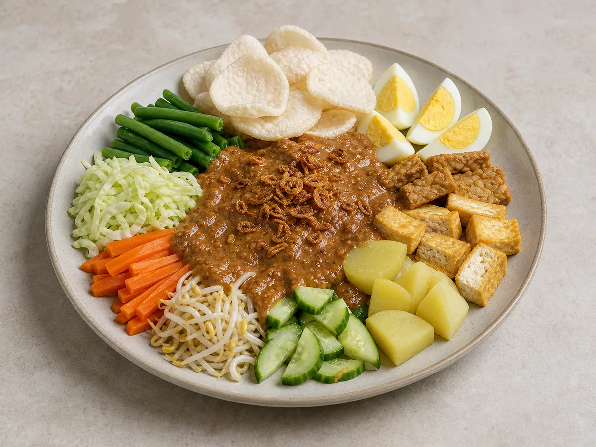Ensalada indonesia de gado-gado con verduras, tofu, tempeh, huevos y salsa de maní