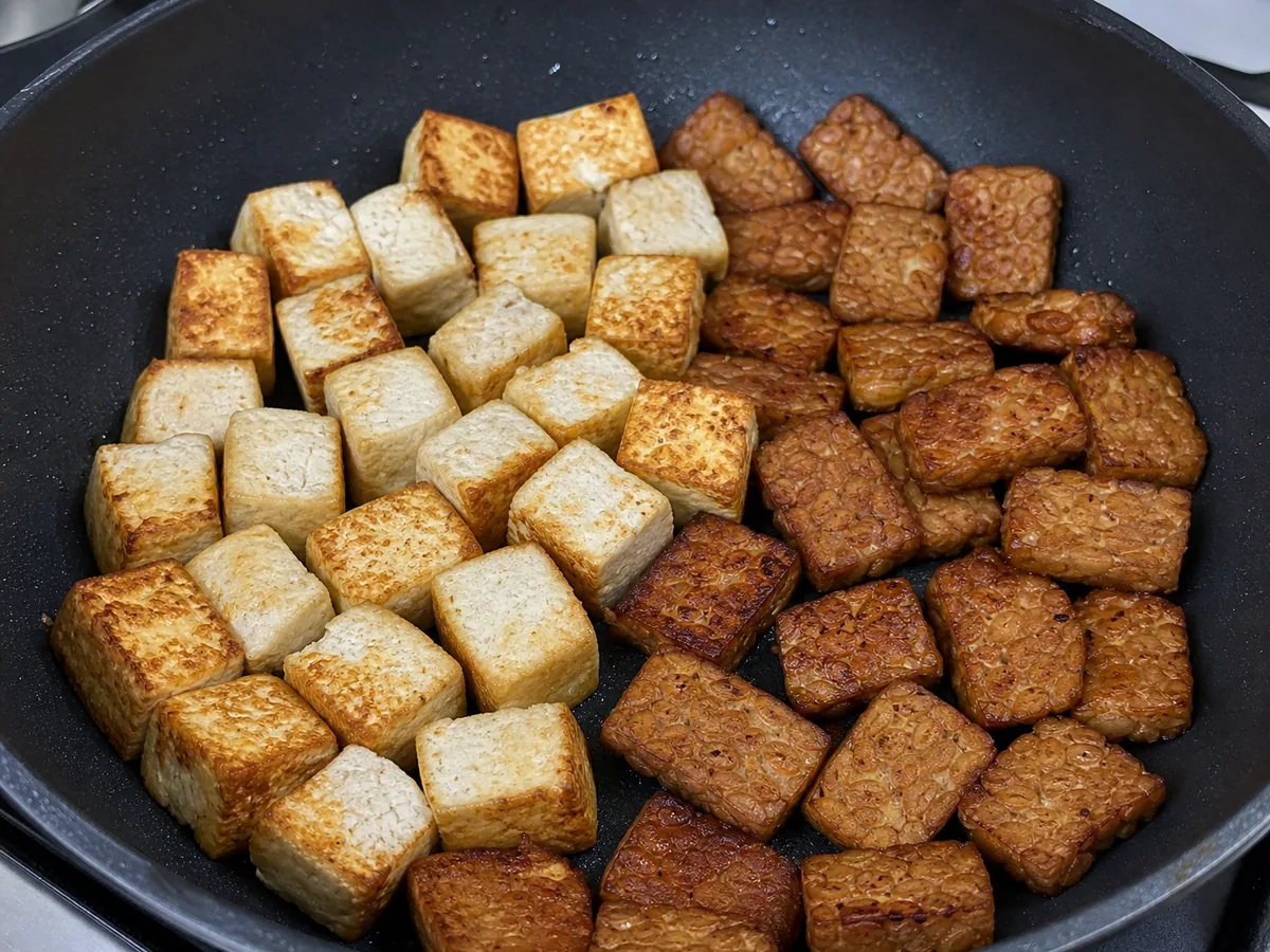 Brown the tofu and tempeh during preparation