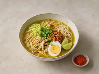 Bowl of Indonesian soto ayam with shredded chicken, rice noodles, firm egg, scallions, and lime