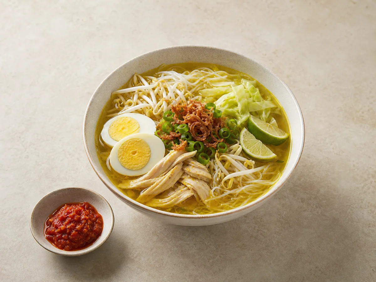 Bowl of Indonesian soto ayam with shredded chicken, rice noodles, firm egg, scallions, and lime