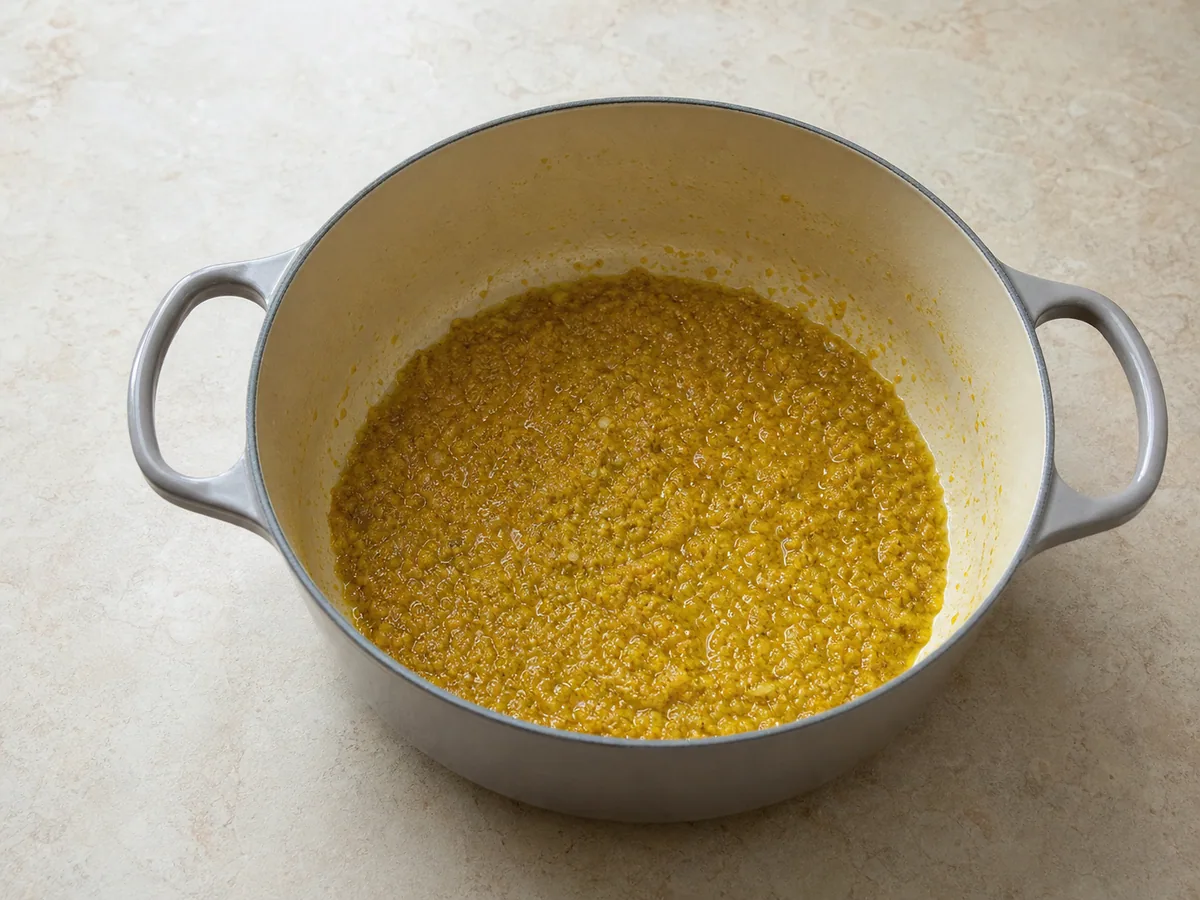 Bumbu brillante y dorado oscuro, frito en una olla pesada para soto ayam indonesio