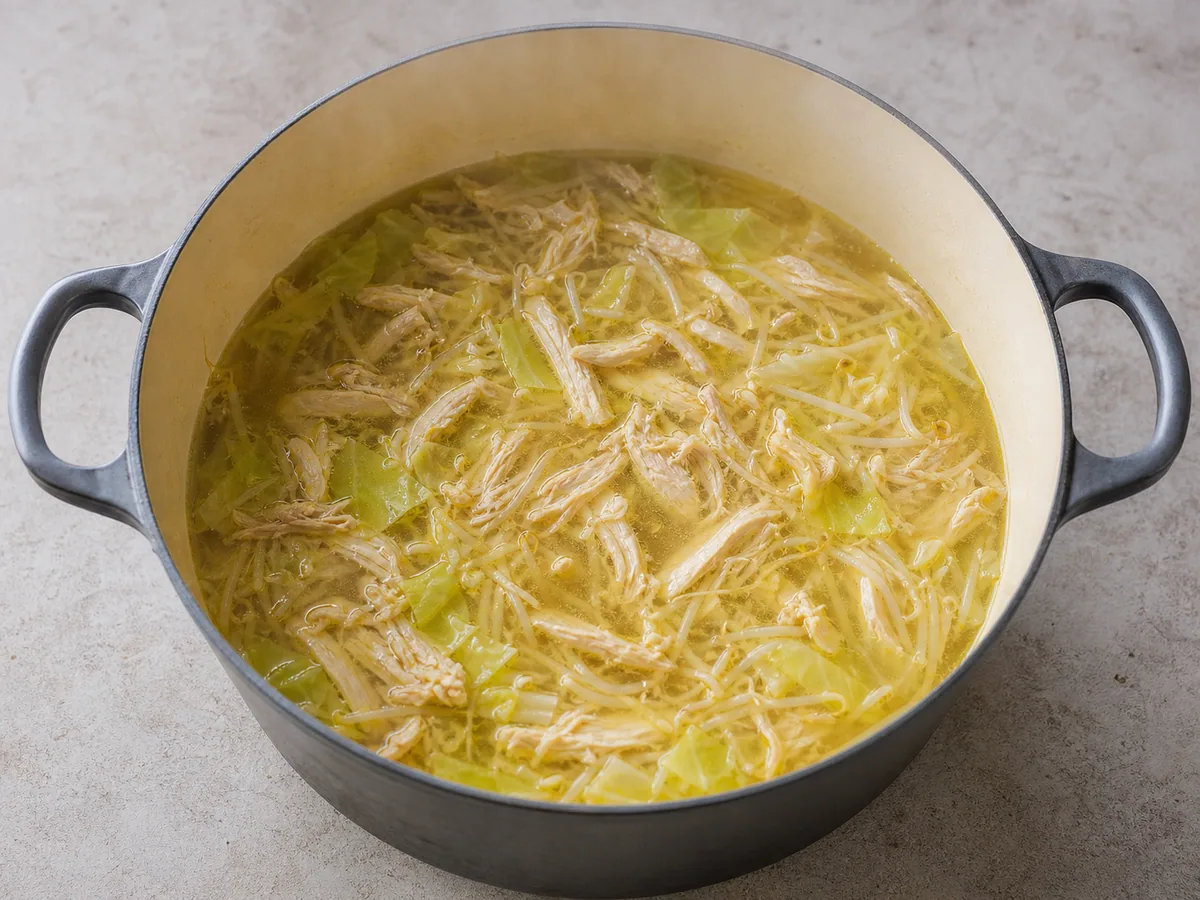 Pollo completamente cocido y deshebrado con verduras calientes en el caldo dorado del soto ayam indonesio