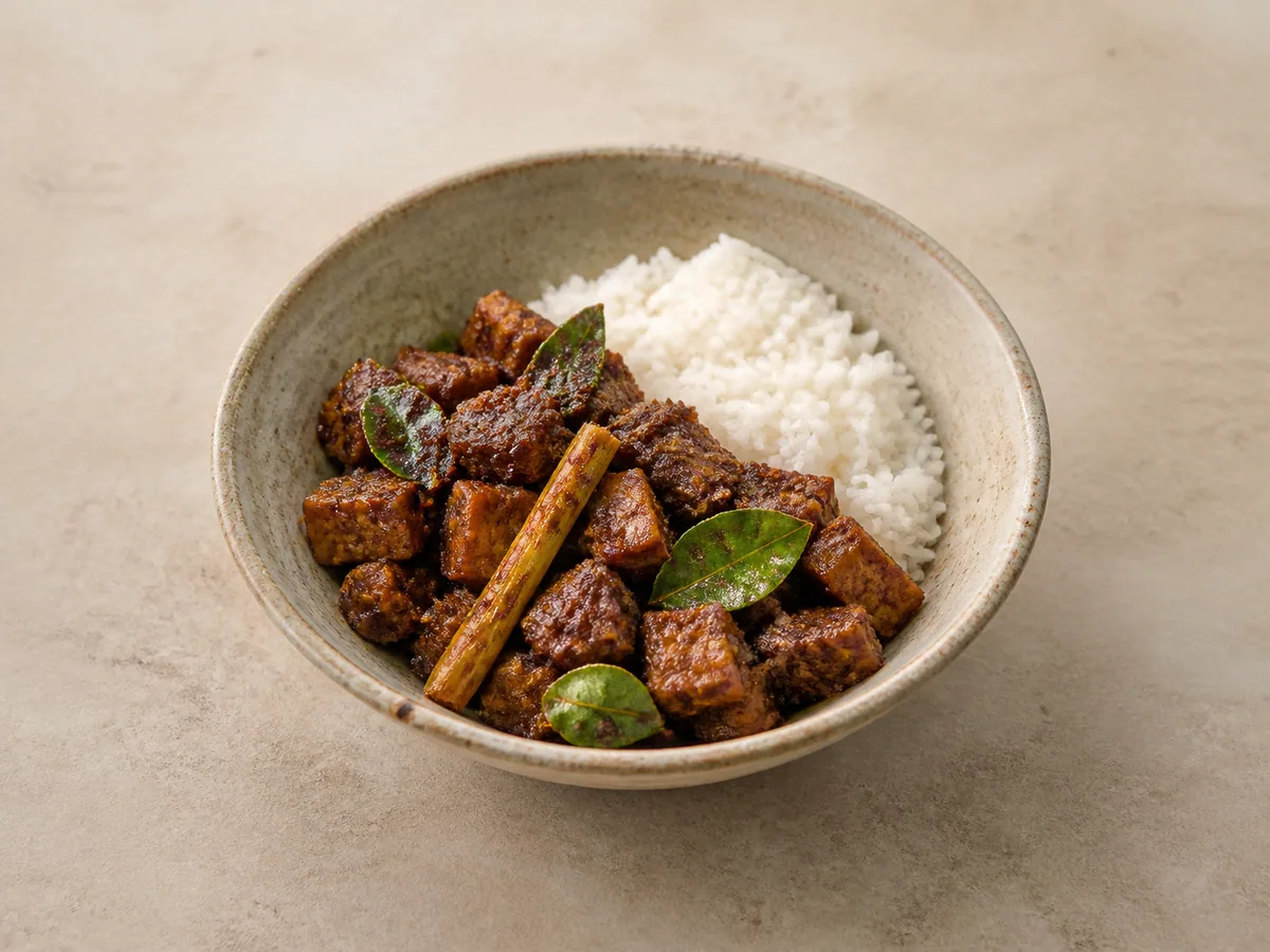 Rendang de tempeh coberto por molho escuro de coco e especiarias, servido com arroz