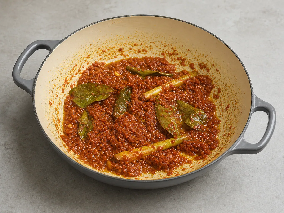 Pasta de especiarias sendo frita até ficar levemente mais escura para o rendang indonésio de tempeh