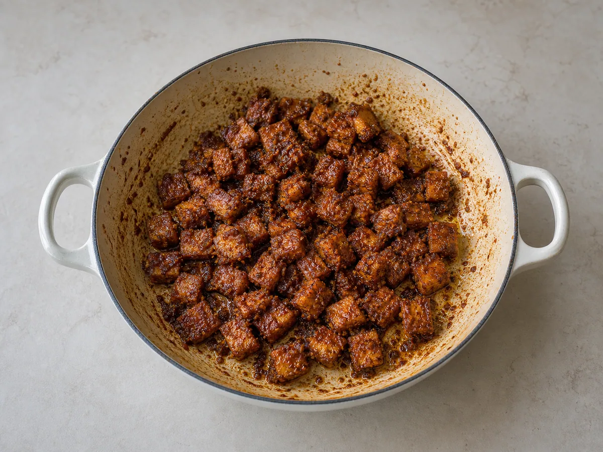 Molho escuro e brilhante de rendang envolvendo o tempeh no fim do cozimento