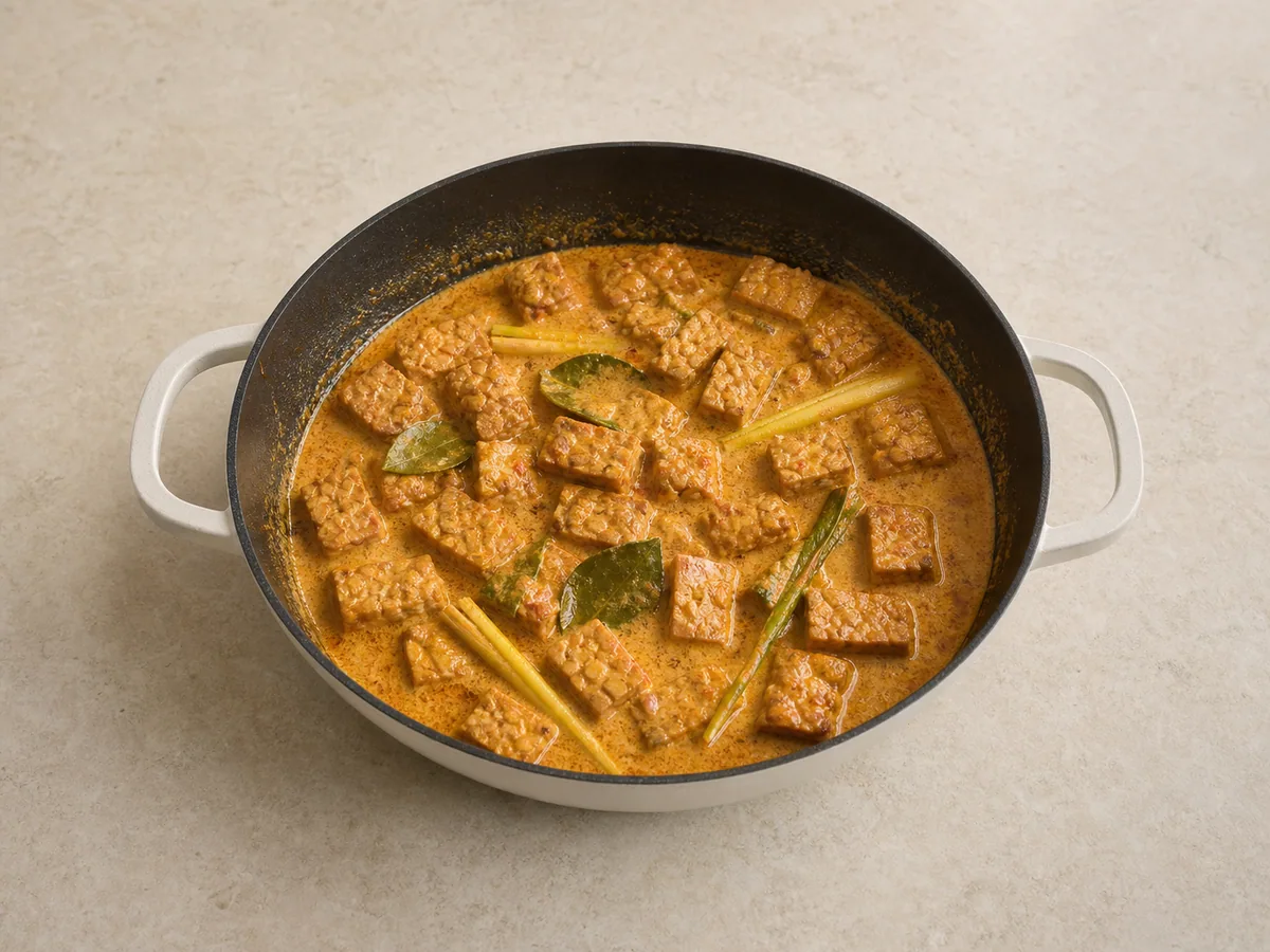 Tempeh dourado cozinhando em molho de coco que vai engrosseo para o rendang indonésio
