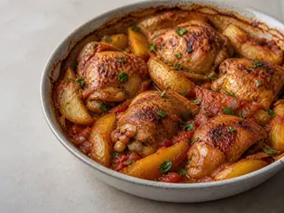 Tepsi iraquiano de frango e batatas em assadeira, com frango dourado, batatas macias, tomates e cebolas