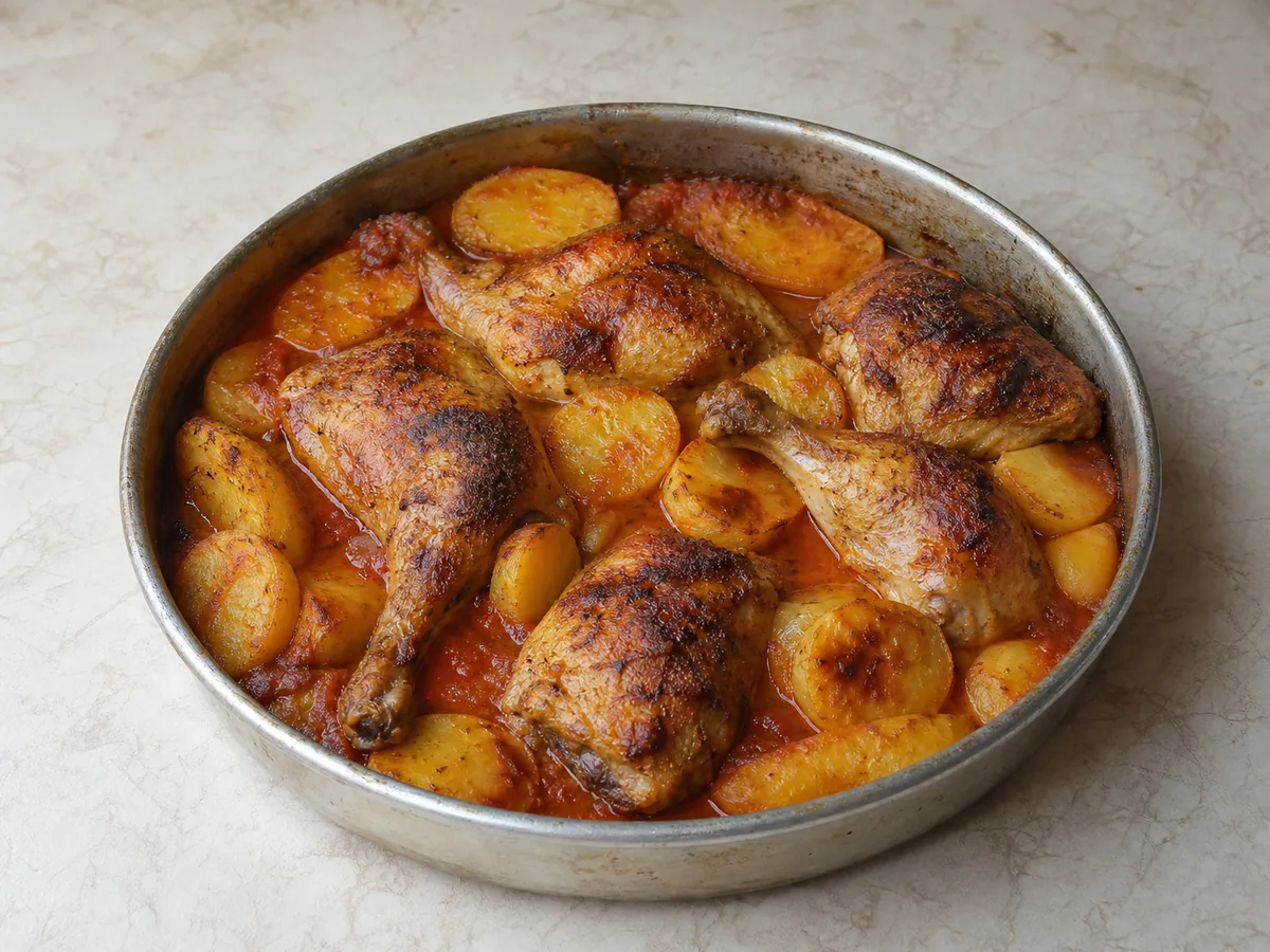 Termómetro de cocina comprobando un muslo totalmente cocido en un tepsi iraquí de pollo y papas, con piel dorada, papas tiernas y salsa de tomate reducida