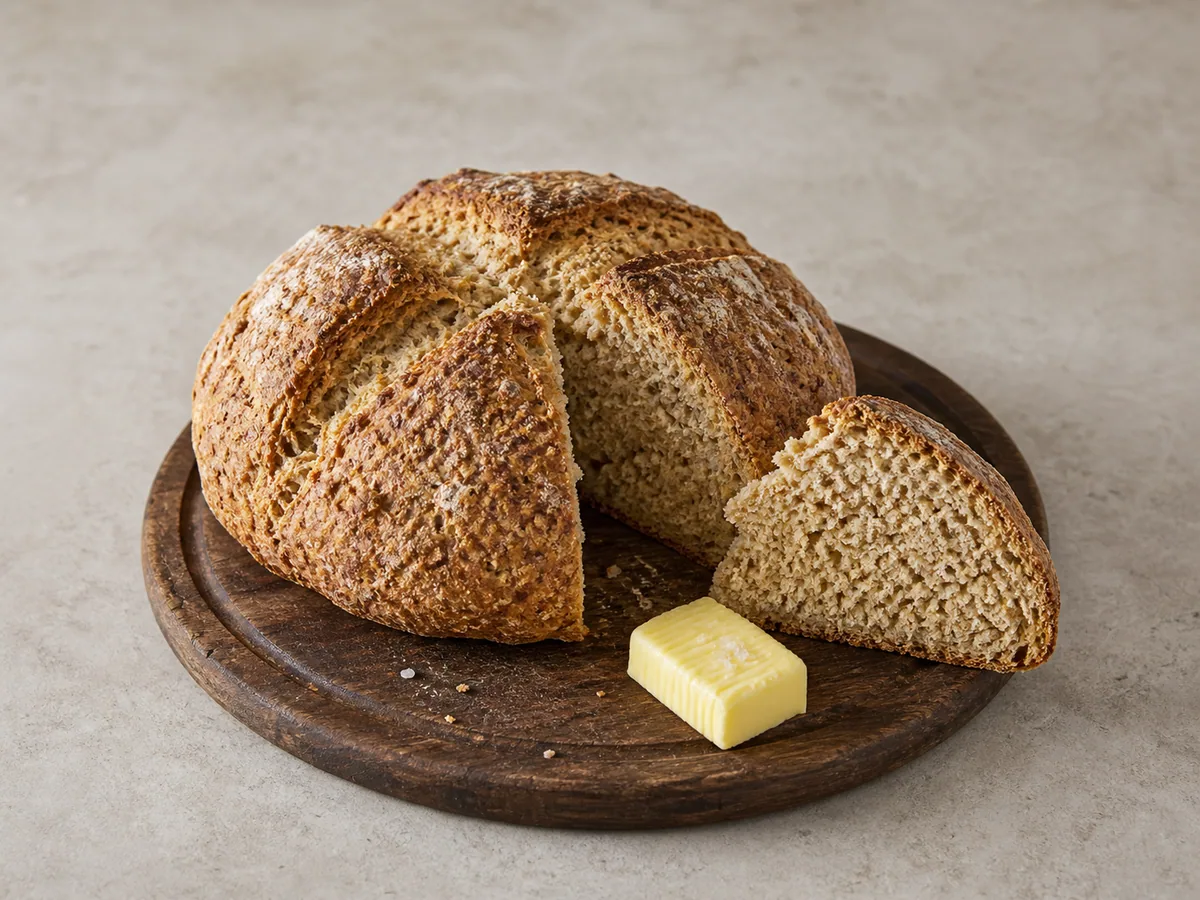 Round Irish soda bread loaf with a deep cross and one wedge cut