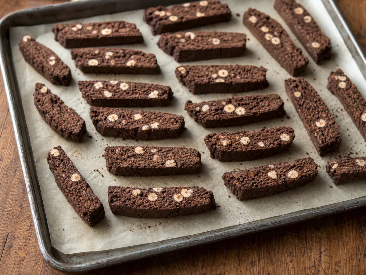 Twice-baked chocolate hazelnut biscotti cooling on a wire rack with dry cut faces