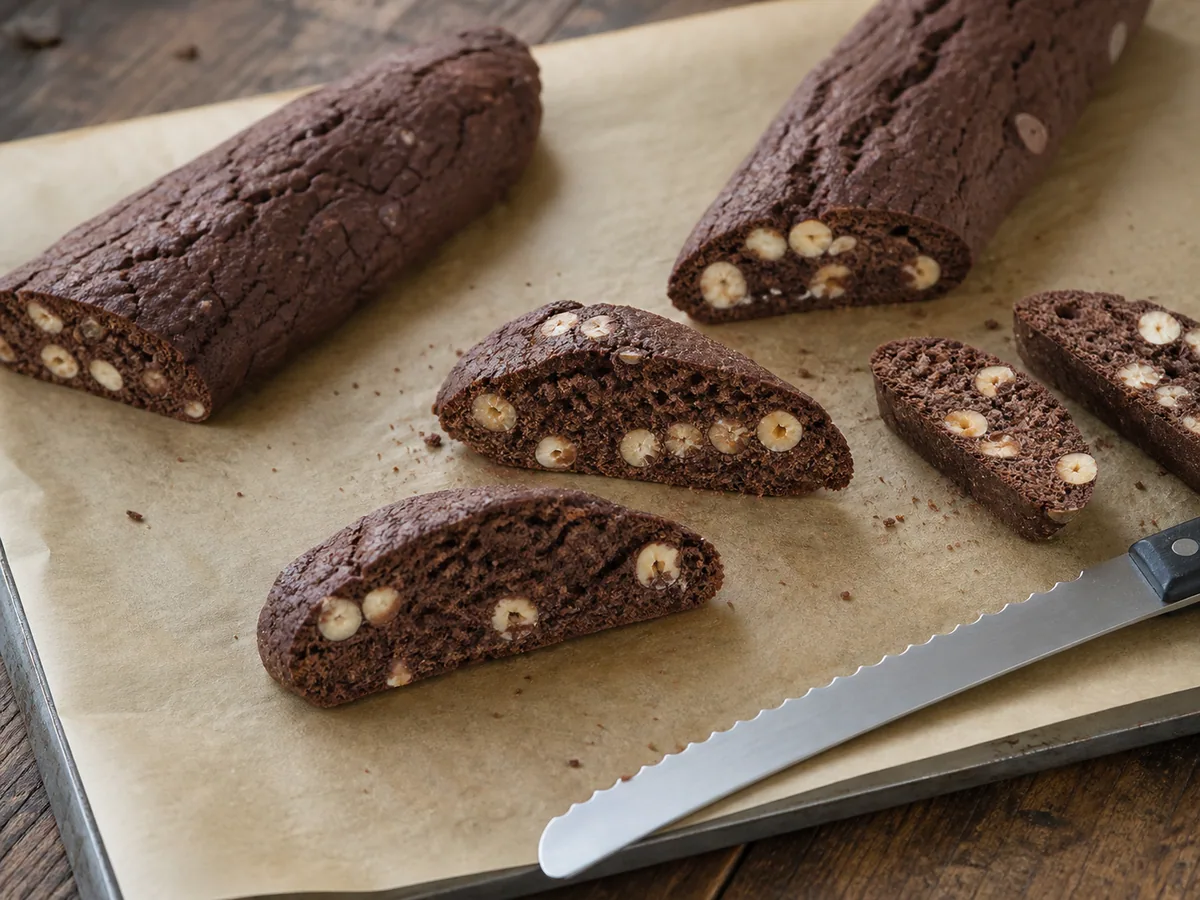 Partly sliced baked cocoa biscotti log showing hazelnuts and dark chocolate pieces