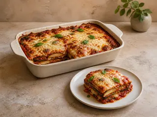 Baked Italian eggplant parmigiana with bronzed cheese, tomato sauce, and basil